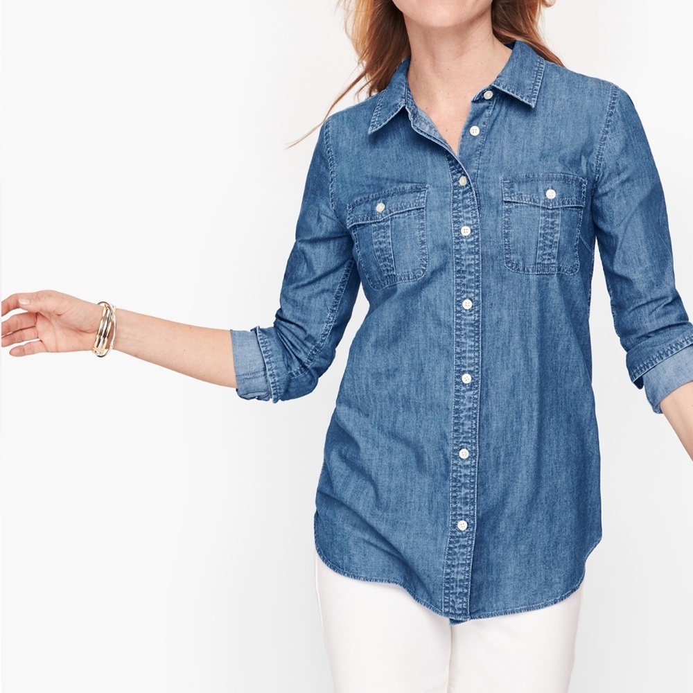 Talbots Denim Patch Pocket Jean Shirt Long Sleeve Button Up Collared 100% Cotton